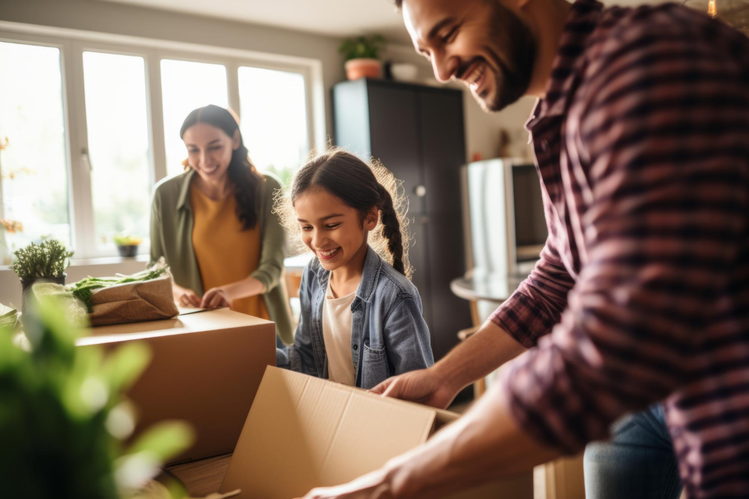 "Une famille souriante portant des cartons pour déménager vers leur nouvelle maison, image illustrant une situation de garde alternée après déménagement."