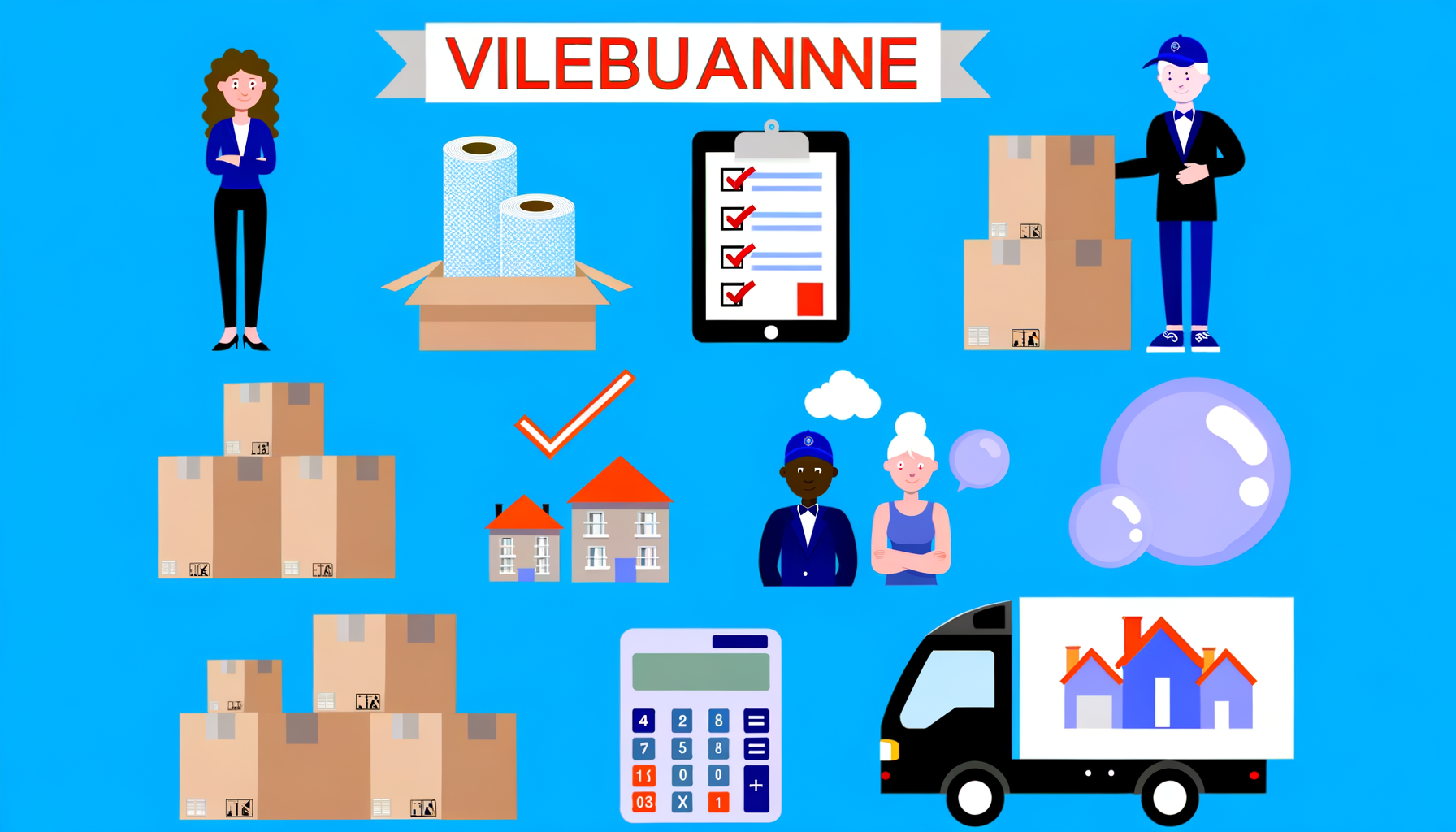 Illustration d'une équipe de débarras effectuant les travaux à Villeurbanne, réduisant le stress du déménagement et fournissant une estimation précise des tarifs et des besoins